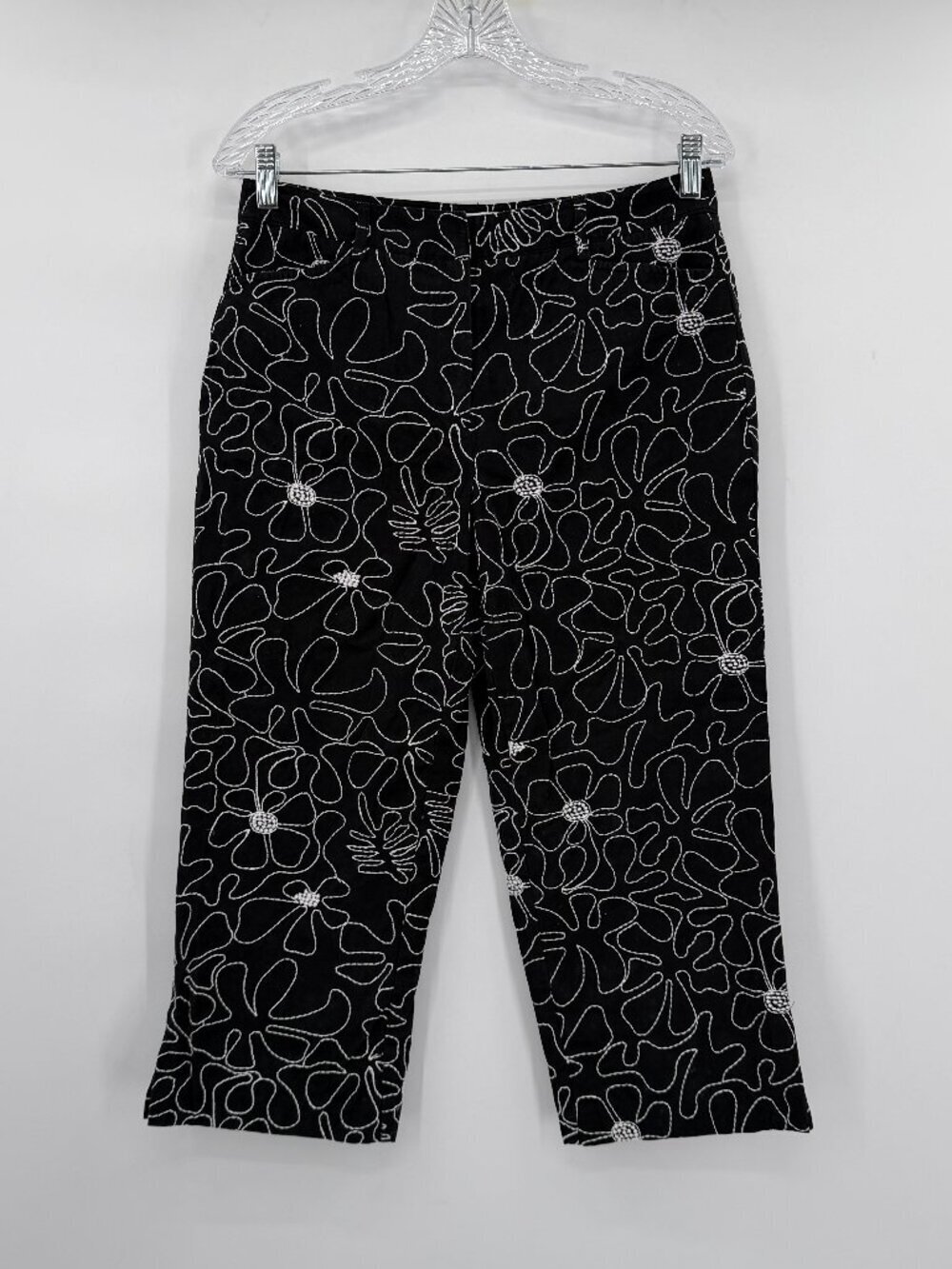 Talbots Black White Floral Embroidered Cropped Pants Cottagecore Size 8